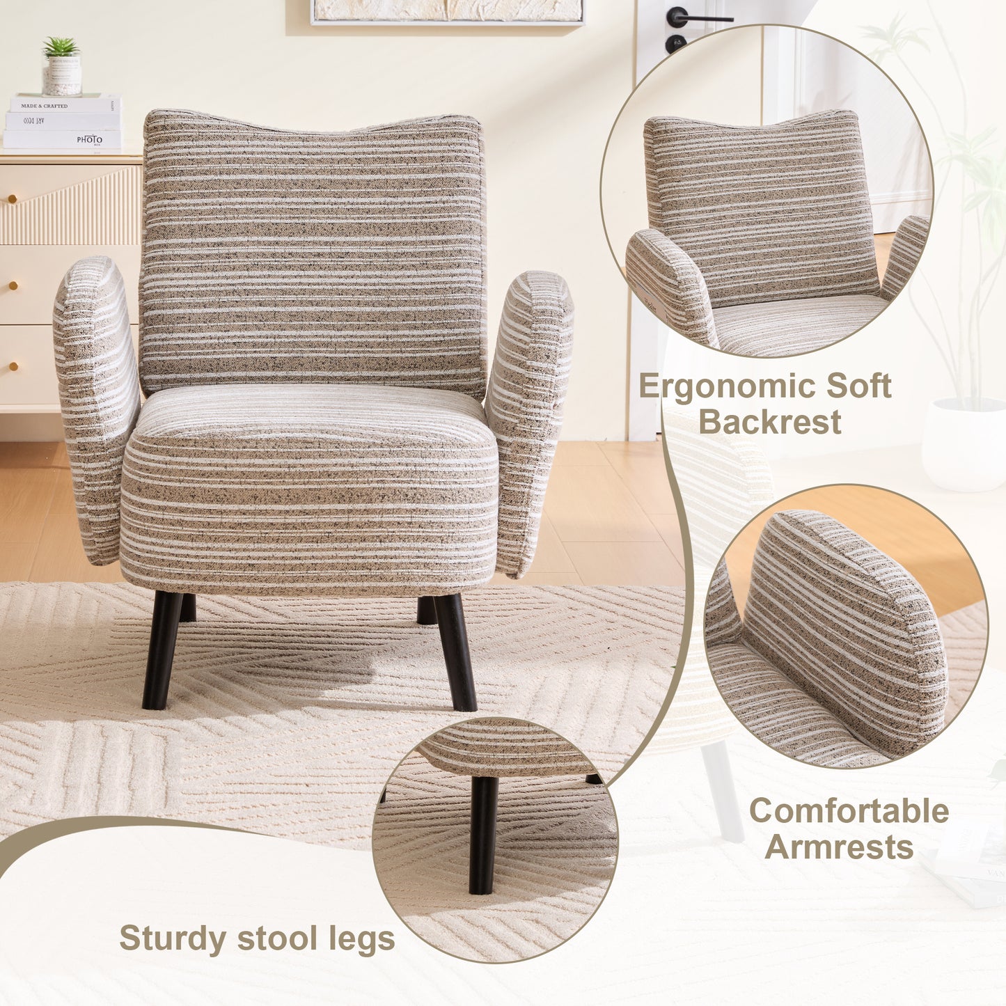 khaki Bouclé Accent Chair with Wood Legs - detail view 3