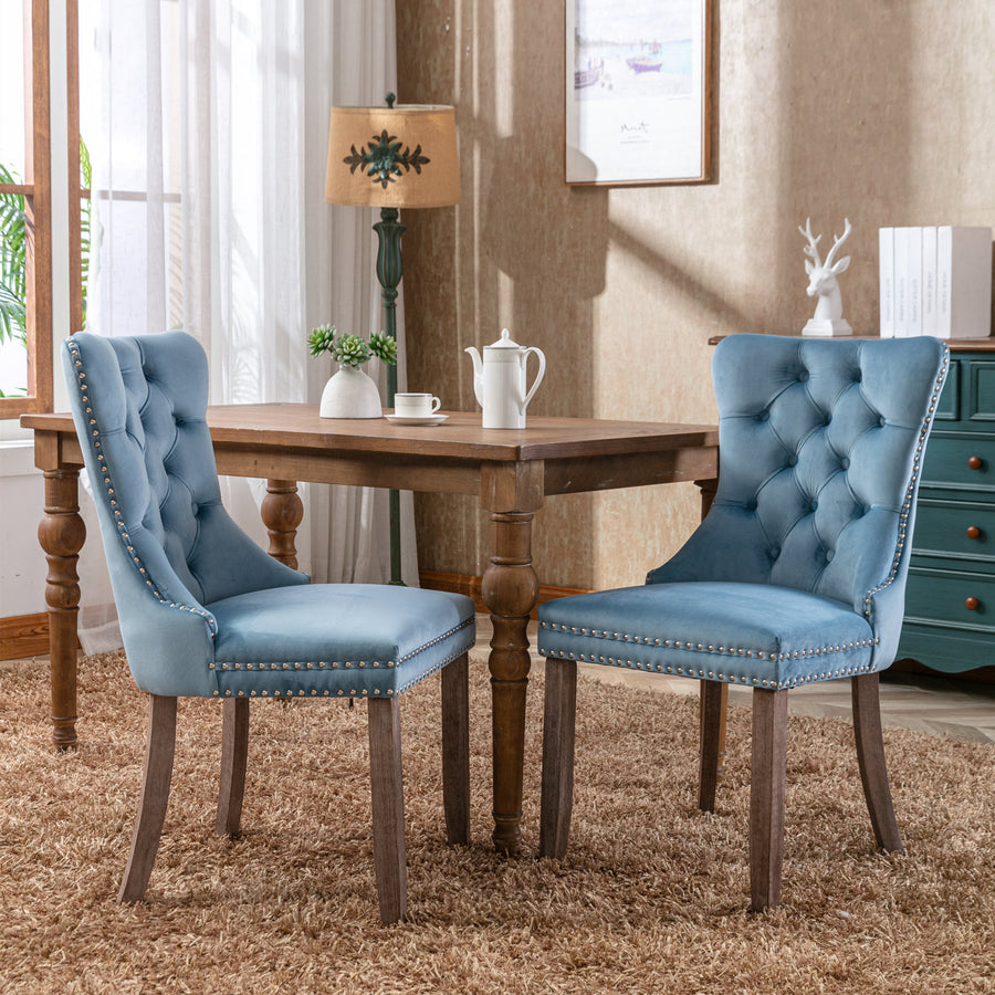 Light Blue Velvet Tufted Nailhead Trim Dining Chairs with Wood Legs