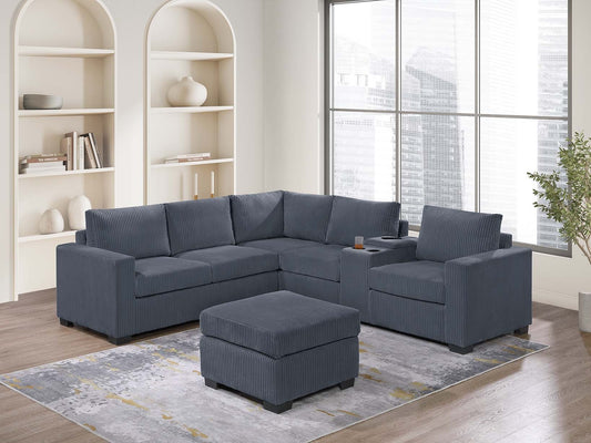 Modern Functional Dark Gray Corduroy Upholstered Sectional Set Living Room One Arm Loveseat Wedge Console Ottoman 4pc Couch Sofa Set - primary color shot