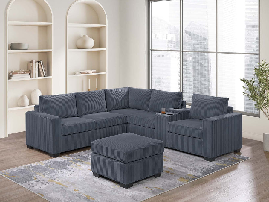 Modern Functional Dark Gray Corduroy Upholstered Sectional Set Living Room One Arm Loveseat Wedge Console Ottoman 4pc Couch Sofa Set - primary color shot