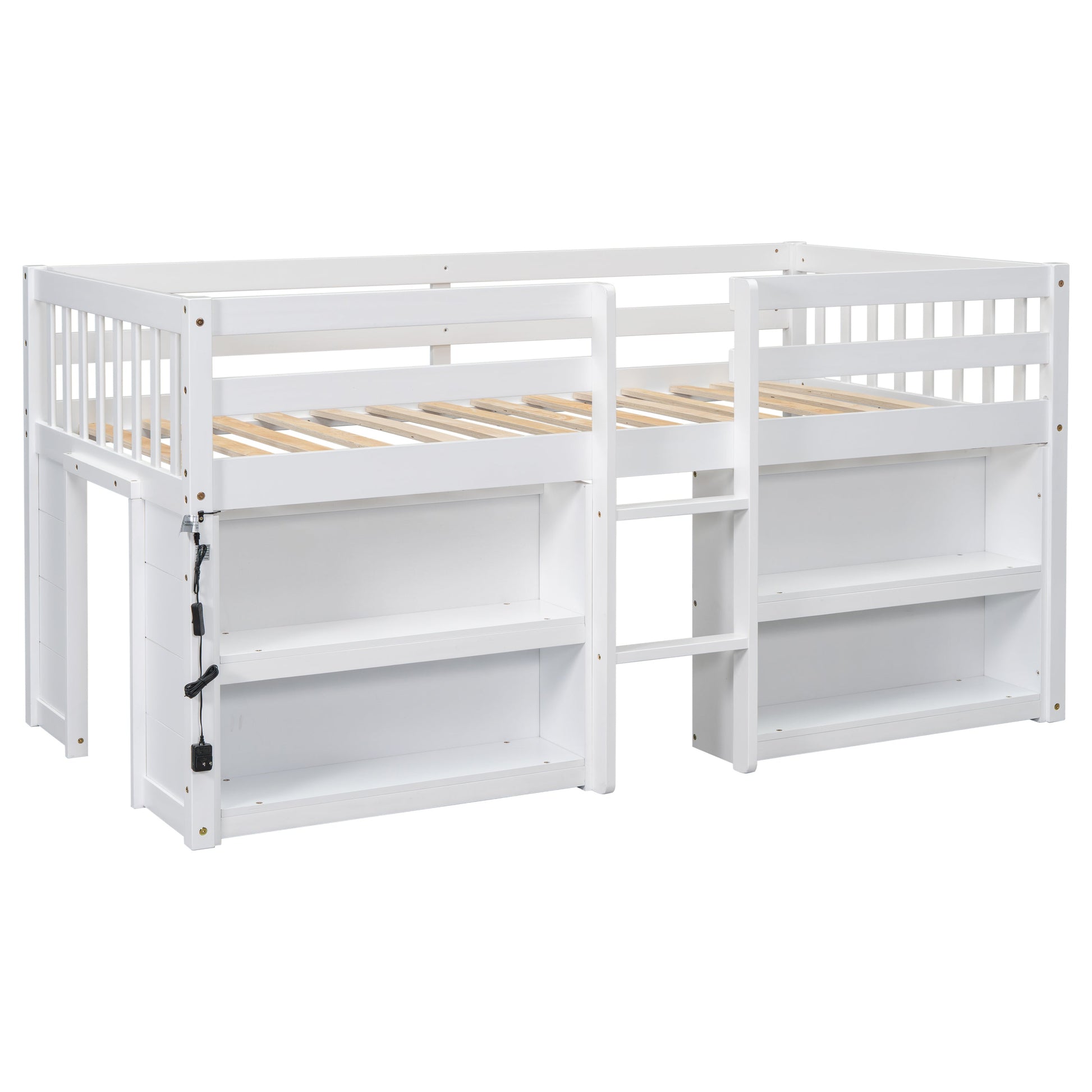 Delaney Twin Size Low Loft Bed With Two-Tier Shelves And LED Light, White