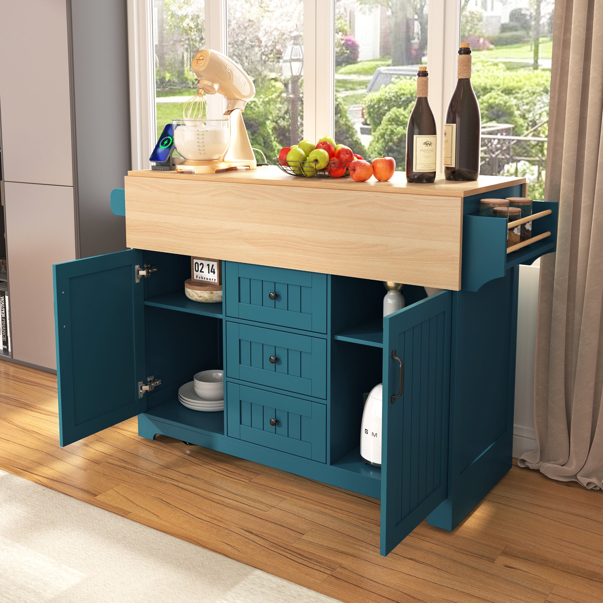 K&k 55.7'' Large Kitchen Island with 2 Drop Leaf - Green - detail view 4