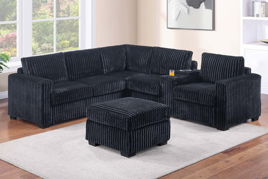 Contemporary Style L-Shaped 4pc Sectional Set USB Cup Holder Loveseat Cushion Back Plastic Legs Cocktail Ottoman Square Arms Black Finish Primary Living - primary color shot