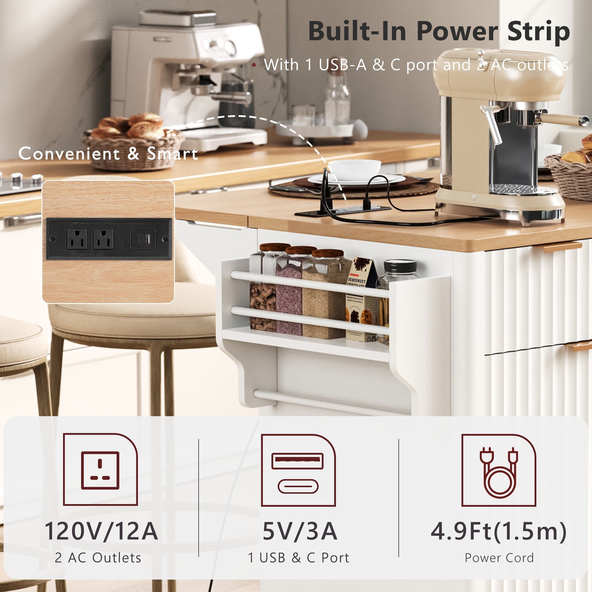 K&k Fluted Kitchen Island with Storage - White - detail view 6