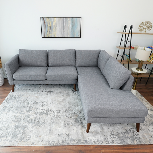 Benson Mid-Century Modern Grey Fabric Sectional Sofa with Right Facing Chaise and Solid Wood Frame - detail view 2