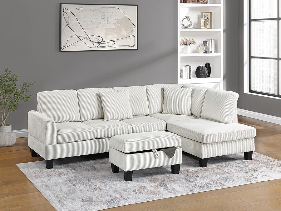 3pc Sectional Set RAF Chaise LAF Sofa Storage Ottoman Beige Color Corduroy Couch Pillows Modern Living Room - primary color shot