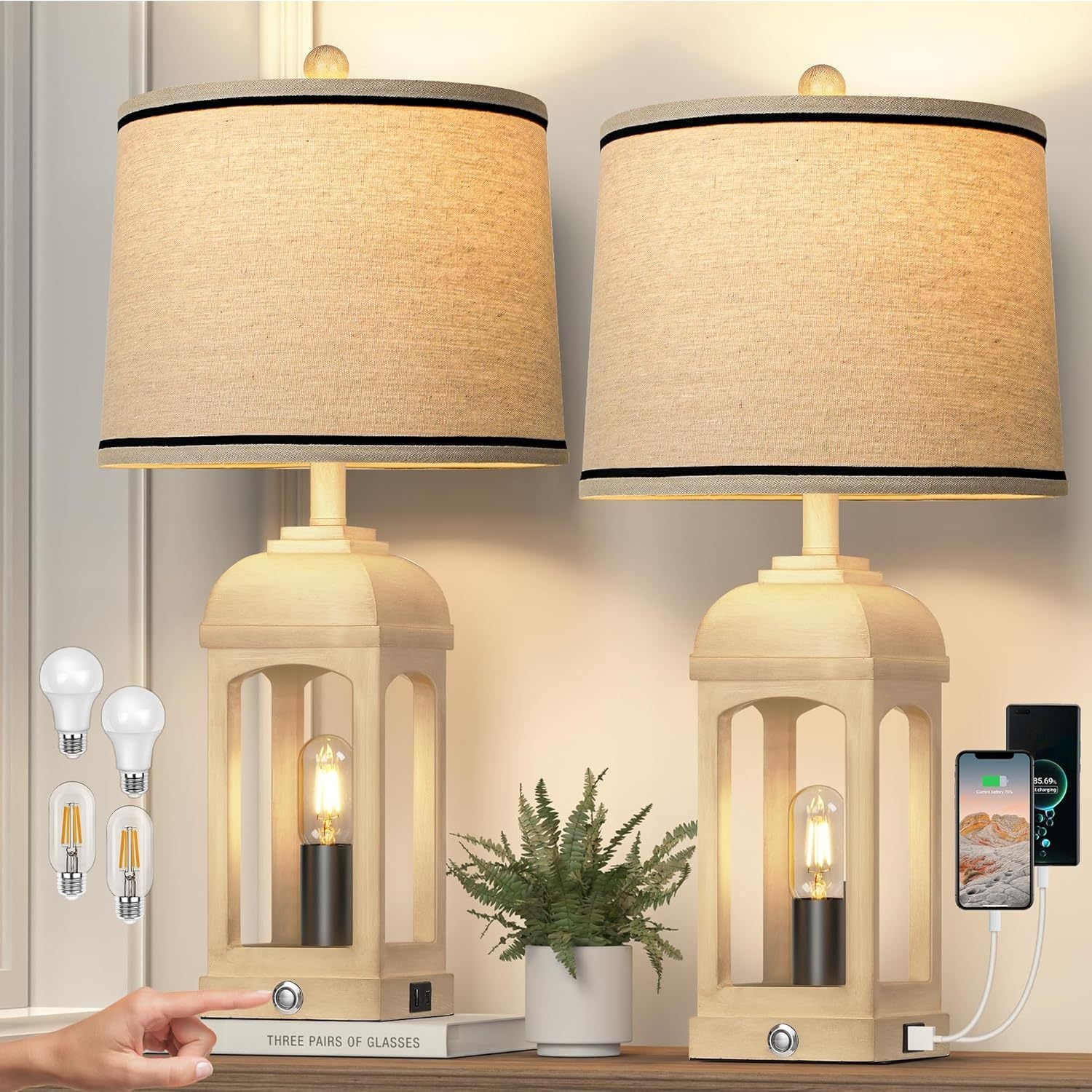 Set of 2 Beige Farmhouse Table Lamps with 3-Way Dim