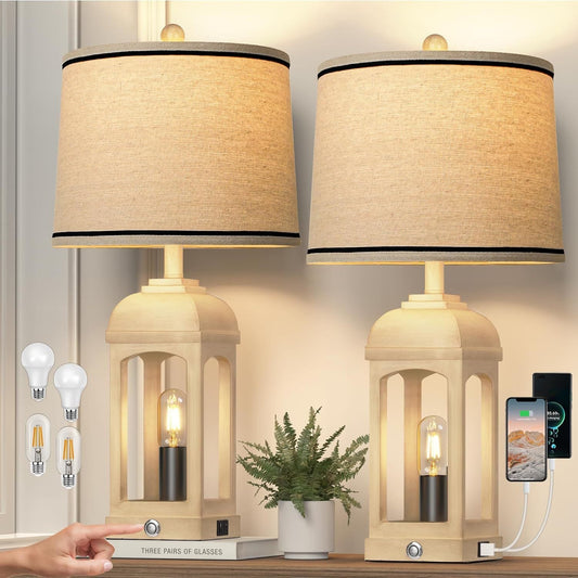 Set of 2 Beige Farmhouse Table Lamps with 3-Way Dim