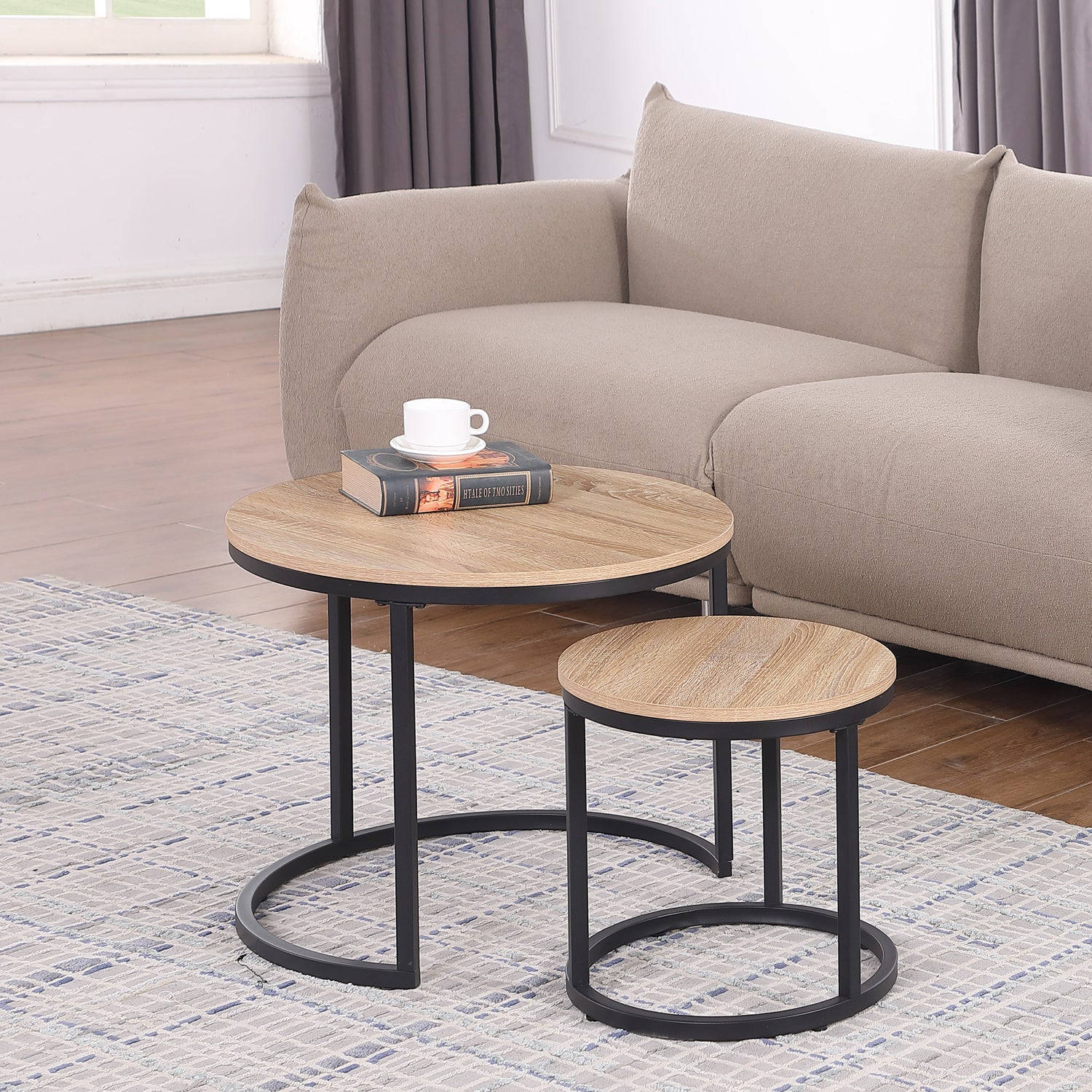 Oak Wood+metal Steel Frame Nesting Tables with Wood Legs - detail view 3