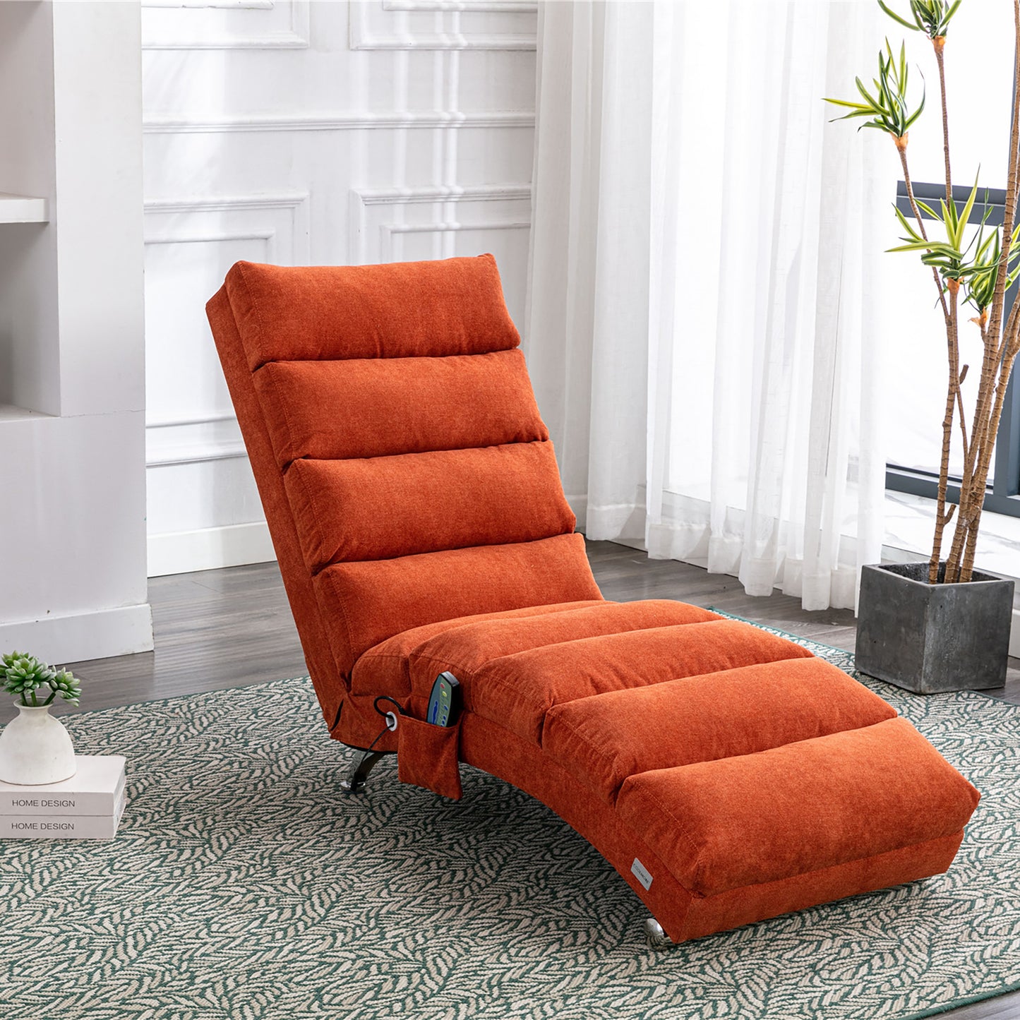 Orange Linen Chaise Lounge with Silver Legs - detail view 4
