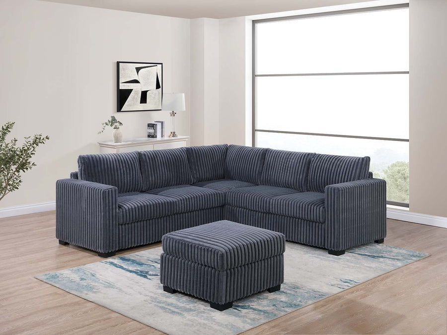 Beautiful 4-Piece Sectional Set W/ Ottoman Dark Gray One Arm Loveseat Corner Wedge Corduroy Upholstered Plush Couch - primary color shot