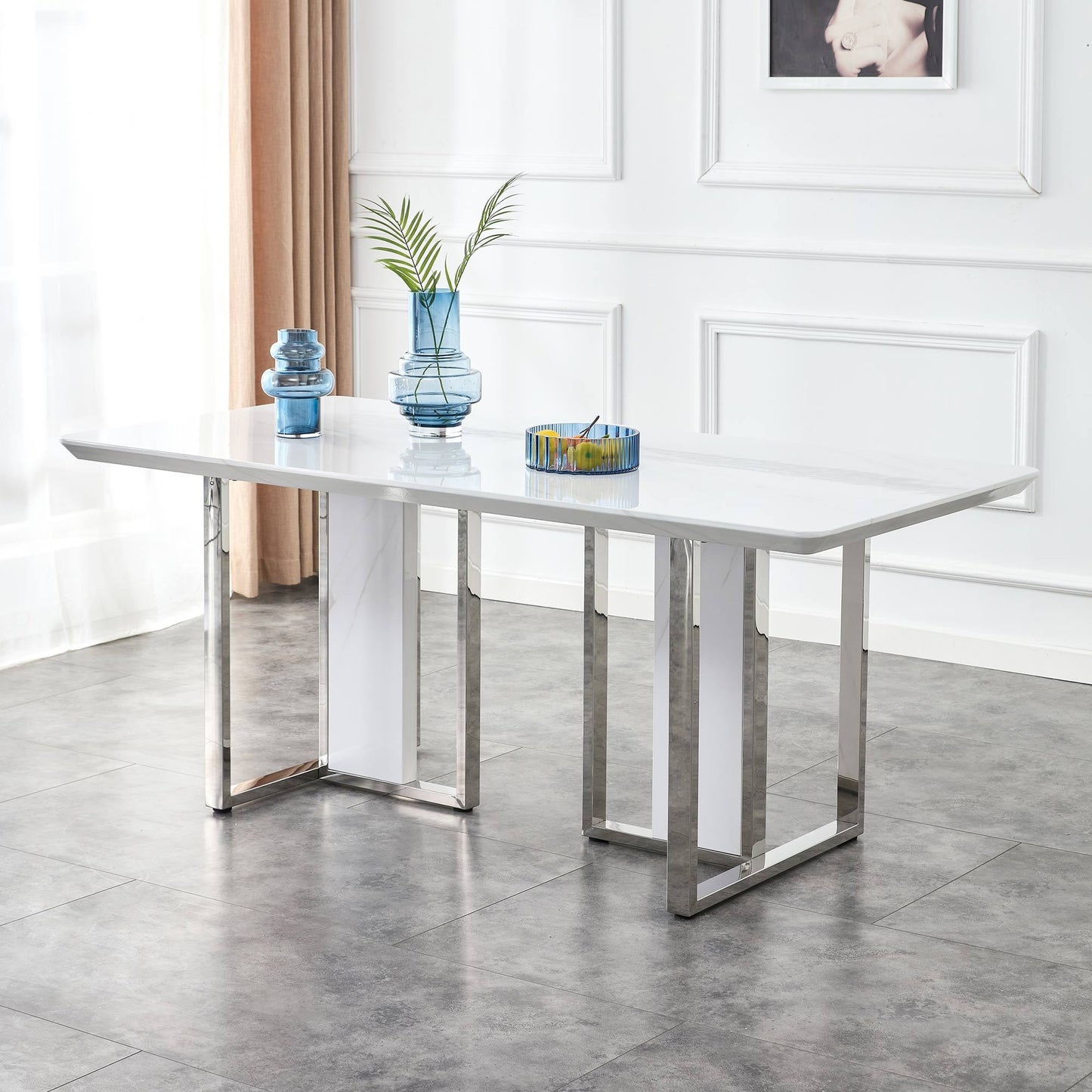 A Modern Minimalist & Luxurious White Rectangular with a Patterned Dining Table. MDF Table & Stainless Steel Frame. Computer Desk. Game Table. - primary color shot