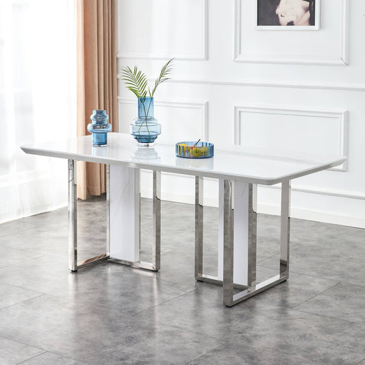 A Modern Minimalist & Luxurious White Rectangular with a Patterned Dining Table. MDF Table & Stainless Steel Frame. Computer Desk. Game Table. - primary color shot