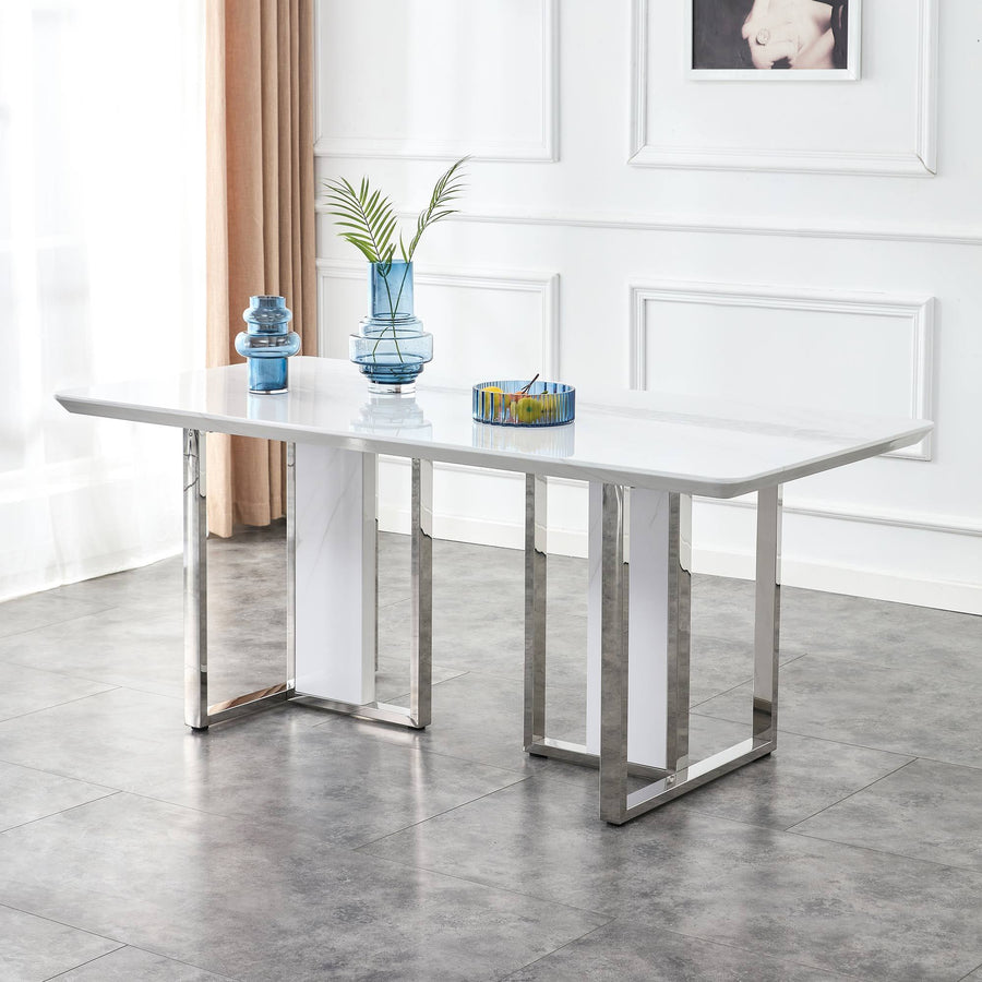 A Modern Minimalist & Luxurious White Rectangular with a Patterned Dining Table. MDF Table & Stainless Steel Frame. Computer Desk. Game Table. - primary color shot