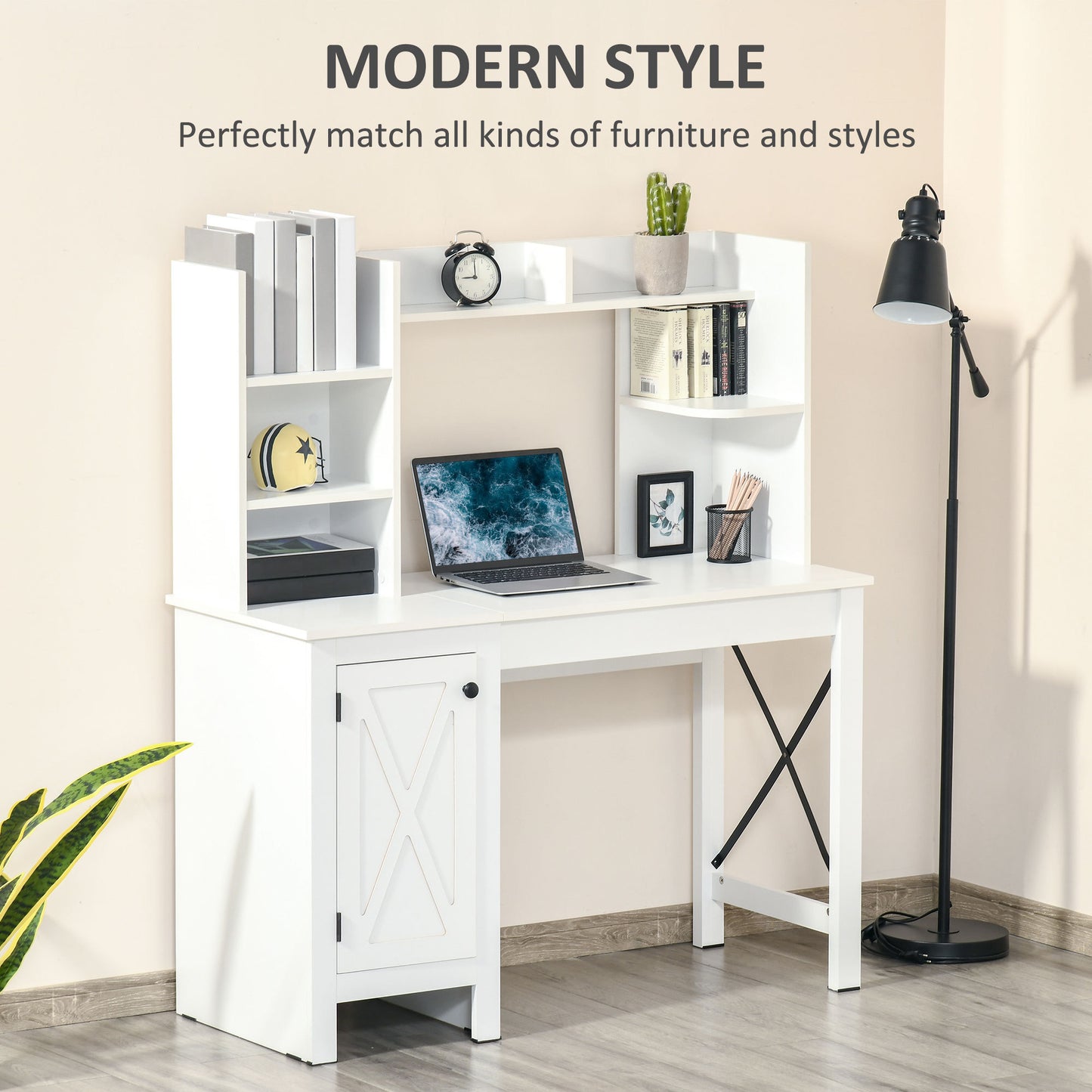 Tova Farmhouse Computer Desk with Hutch and Cabinet,White