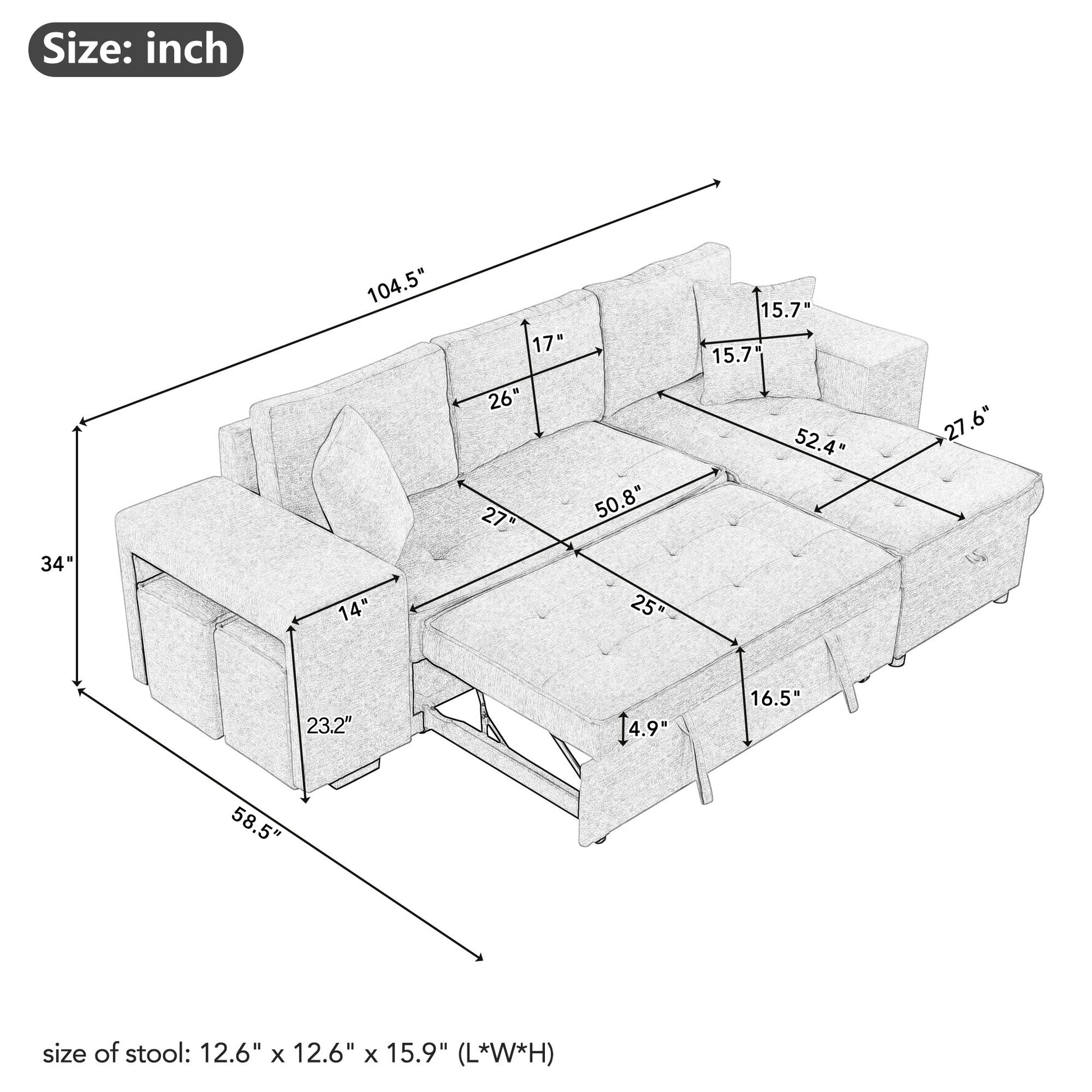 Modern L-Shape 3 Seat Reversible Sectional with Pull Out Sleeper - Cream - detail view 3