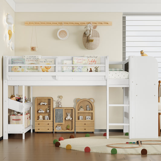 Twin Loft Bed with Multi-Storage Bookcases - Light White - detail view 2