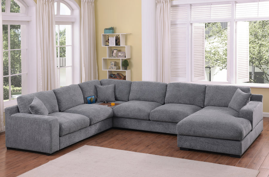 Celine 128'W Light Gray Chenille Fabric Corner Sectional Sofa with Right-Facing Chaise, Cupholders, and Charging Ports - primary color shot