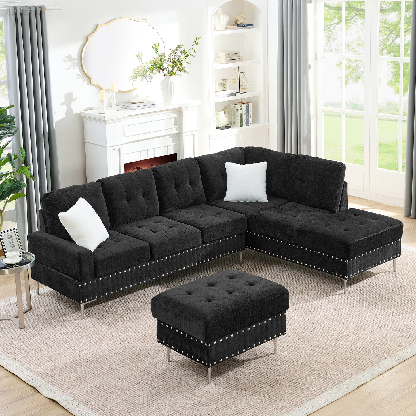 Modern L-Shaped Sectional Sofa with Chaise and Storage Ottoman in Black Chenille, Metal Legs and Copper Nails, Includes Two White Pillows, 102' - detail view 2