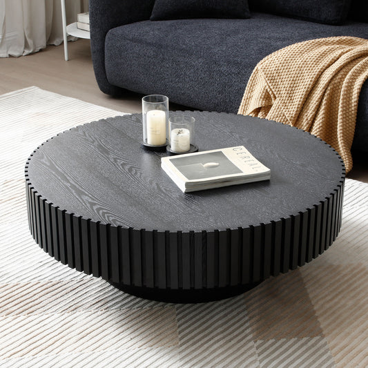 BLACK MDF Coffee Table 39" Modern Handcraft Drum Coffee Table Round Wood Coffee Table - Matt Black - detail view 2