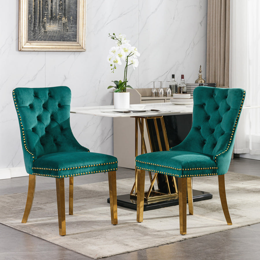 Green Velvet Tufted Nailhead Trim Dining Chairs with Brushed Silver Legs (Set of 2)