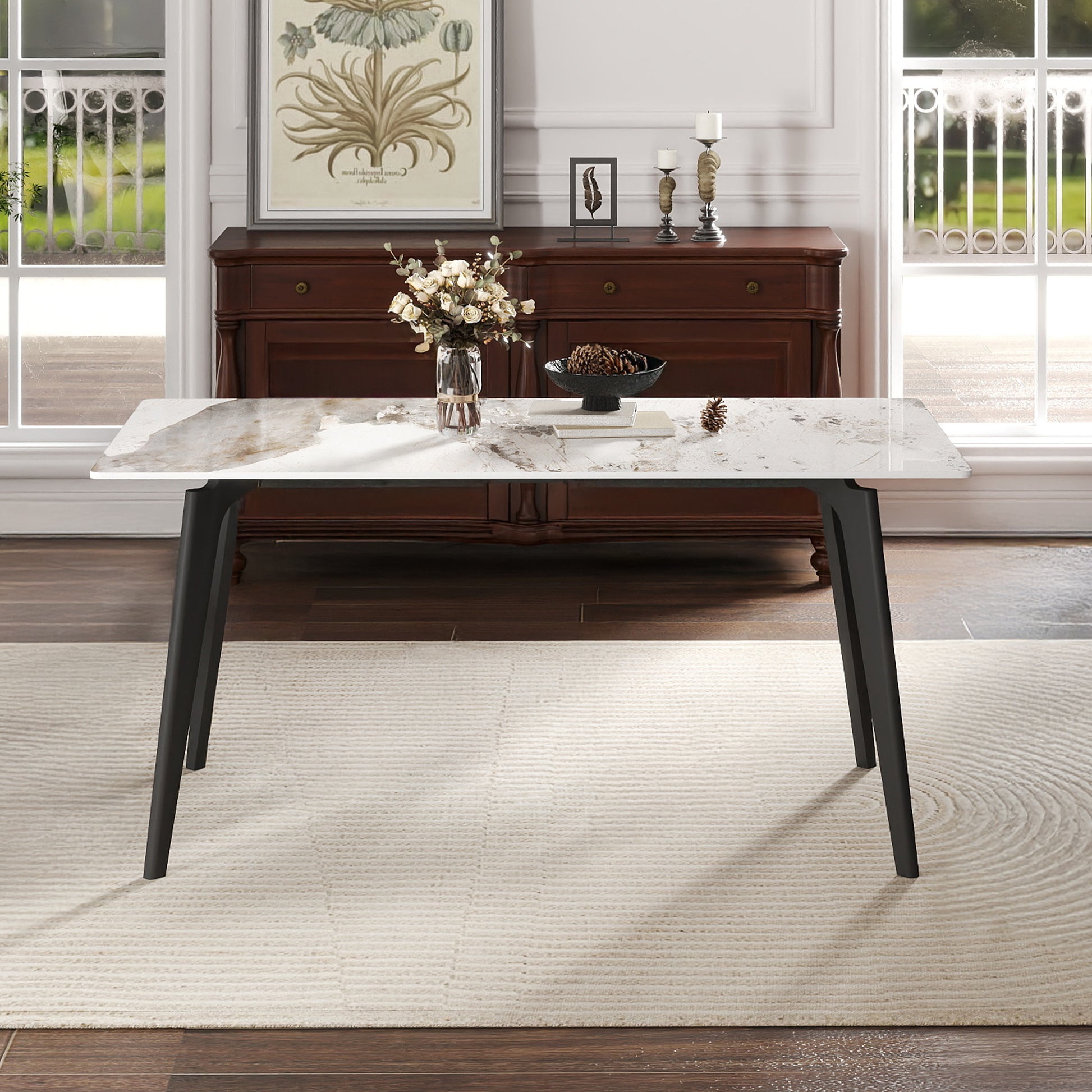 62" Modern Artificial Stone White Pandora Straight Edge Black Metal Leg Dining Table-Can Accommodate 6 People(dining Table Only) - detail view 3