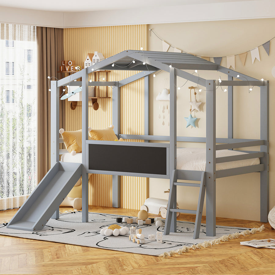 Twin Size Loft Bed with Ladder and Slide - Gray - primary color shot