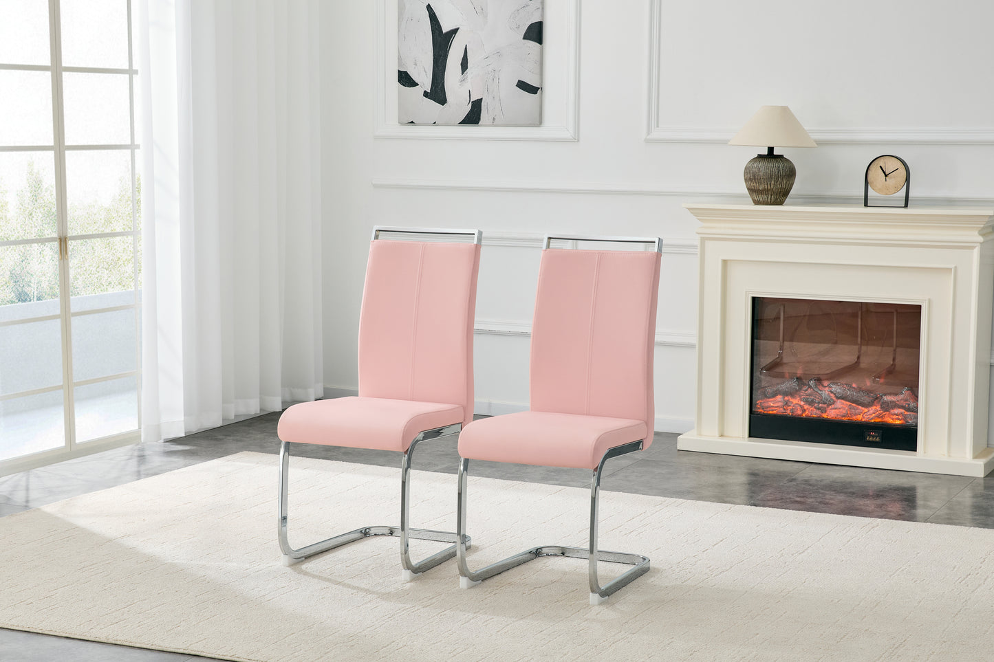 White Upholstered Fabric Dining Chairs with Silver Legs (set of 2) - detail view 2