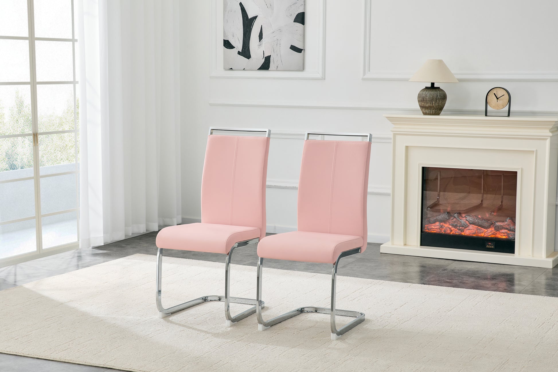 White Upholstered Fabric Dining Chairs with Silver Legs (set of 2) - detail view 2