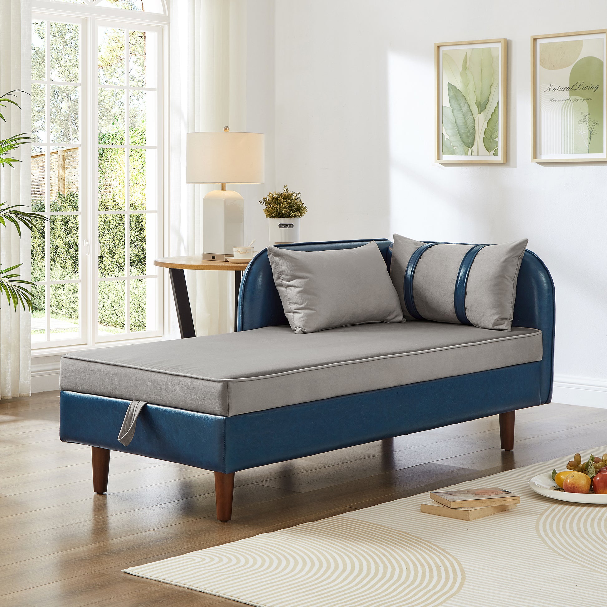 65" Storage Chaise Lounge Sofa Navy Blue PU & Light Gray Velvet - Blue & Grey - primary color shot