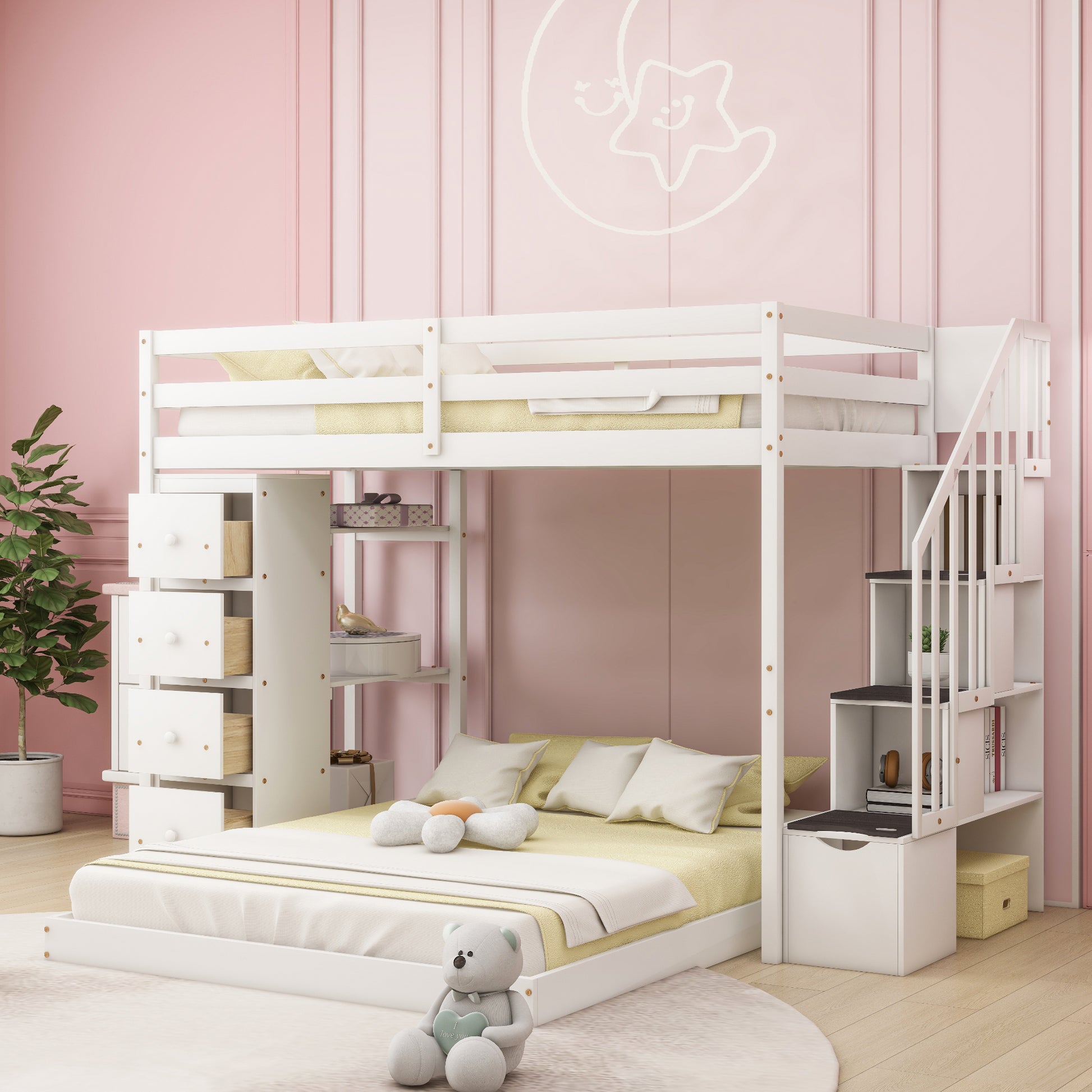 Twin over Full Bunk Bed with 3-Layer Shelves - White - primary color shot
