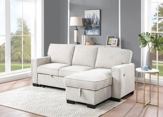 Estelle Fabric Sofa Reversible Storage Chaise Pull-Out Sleeper with Drop-Down Table 2 Cup Holders and 2 USB Ports - Beige