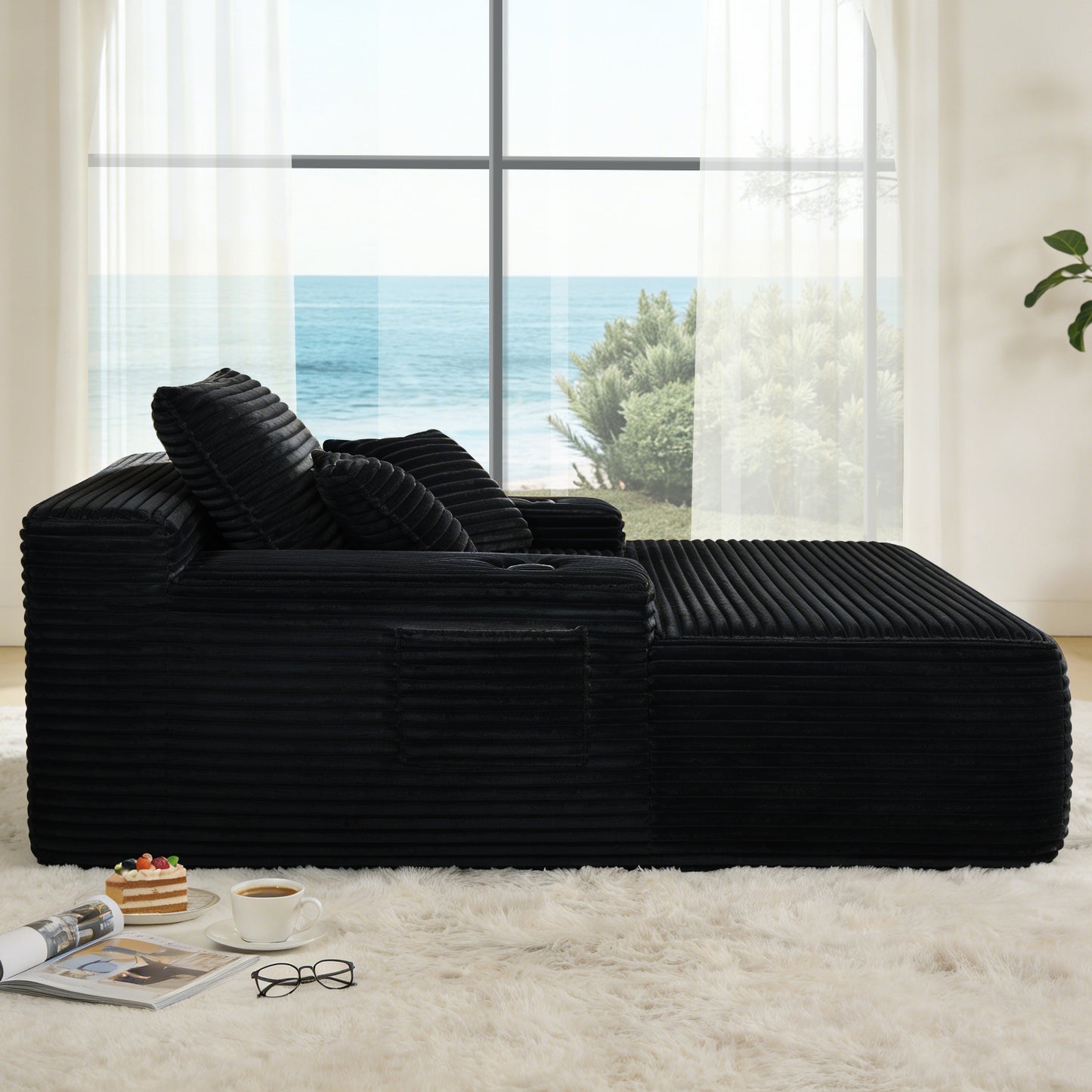 NEW Convertible Chaise Lounge Chair Plush with Wide Armrest & Throw Pillows - Black - detail view 2