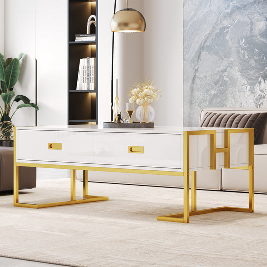 Modern White Rectangular Coffee Table with 4 Drawers and Gold Base in 47.3'