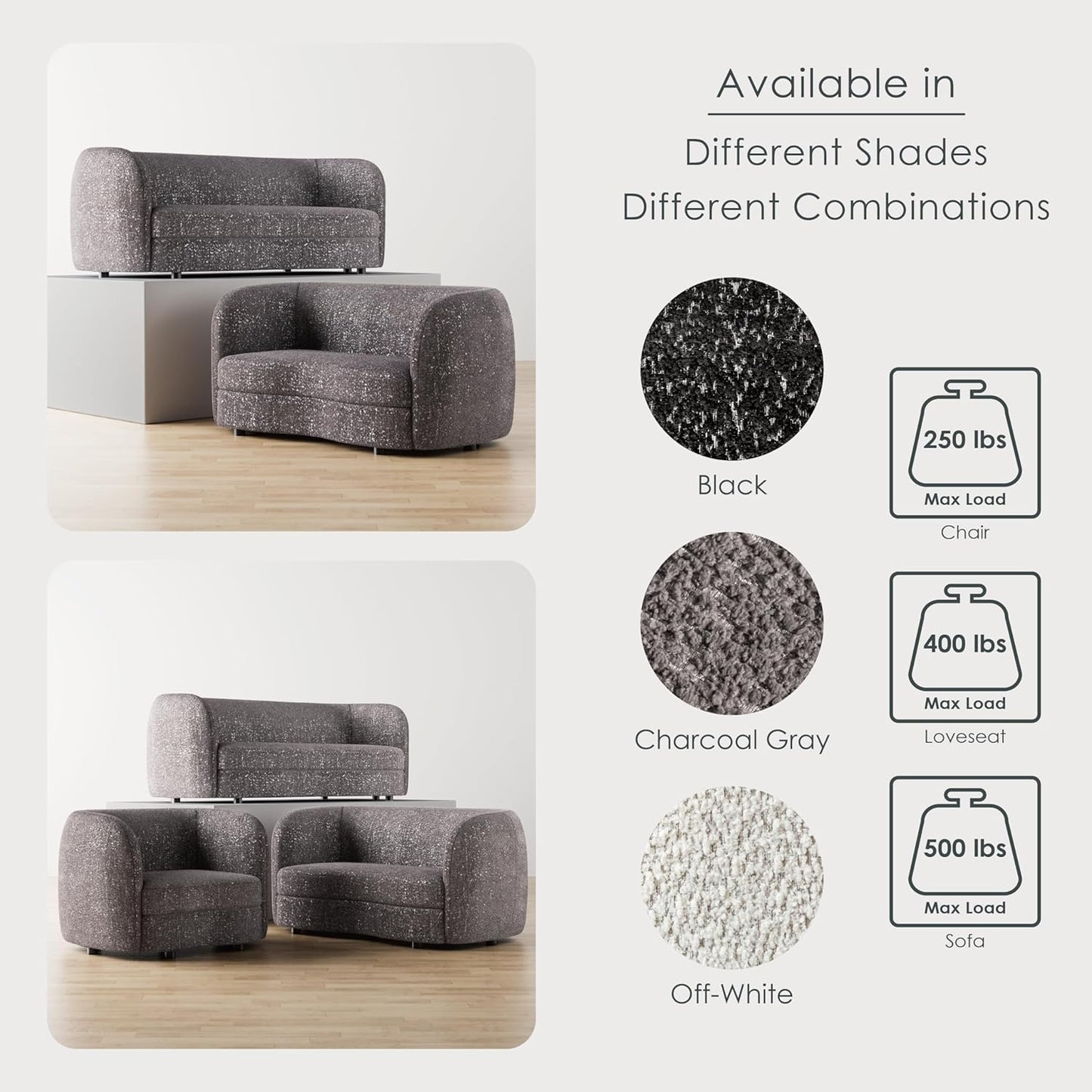 Versoix Contemporary Sofa in Charcoal Gray Boucle