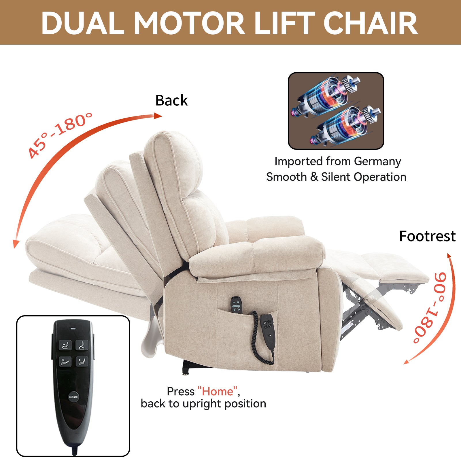 Beige Heat Massage Dual Motor Infinite Position Up to 350 LBS Large Electric Power Lift Recliners with Hidden Cup Holders - detail view 5