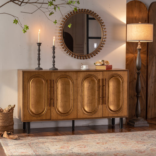 59.84' Gold-Toned 4-Door Sideboard Buffet Cabinet - Solid Wood & MDF Arched Door Storage Console Table for Dining Room - detail view 2