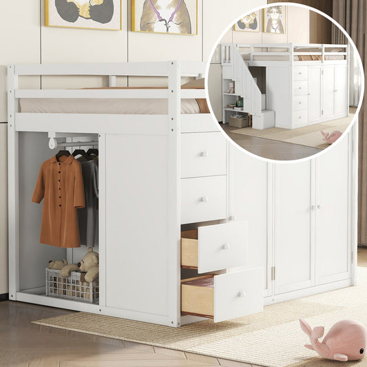 Full Size Wood Loft Bed with Built-in Wardrobes - White - primary color shot