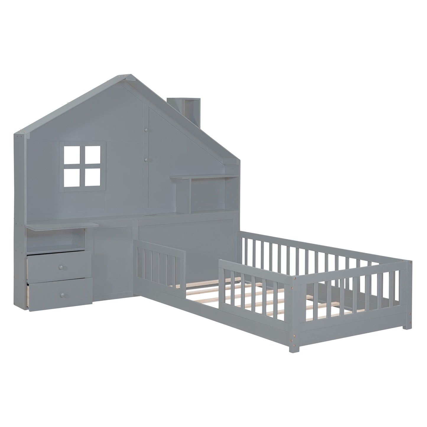 Marigold Twin Size House Bed with Bedside Drawers, Gray