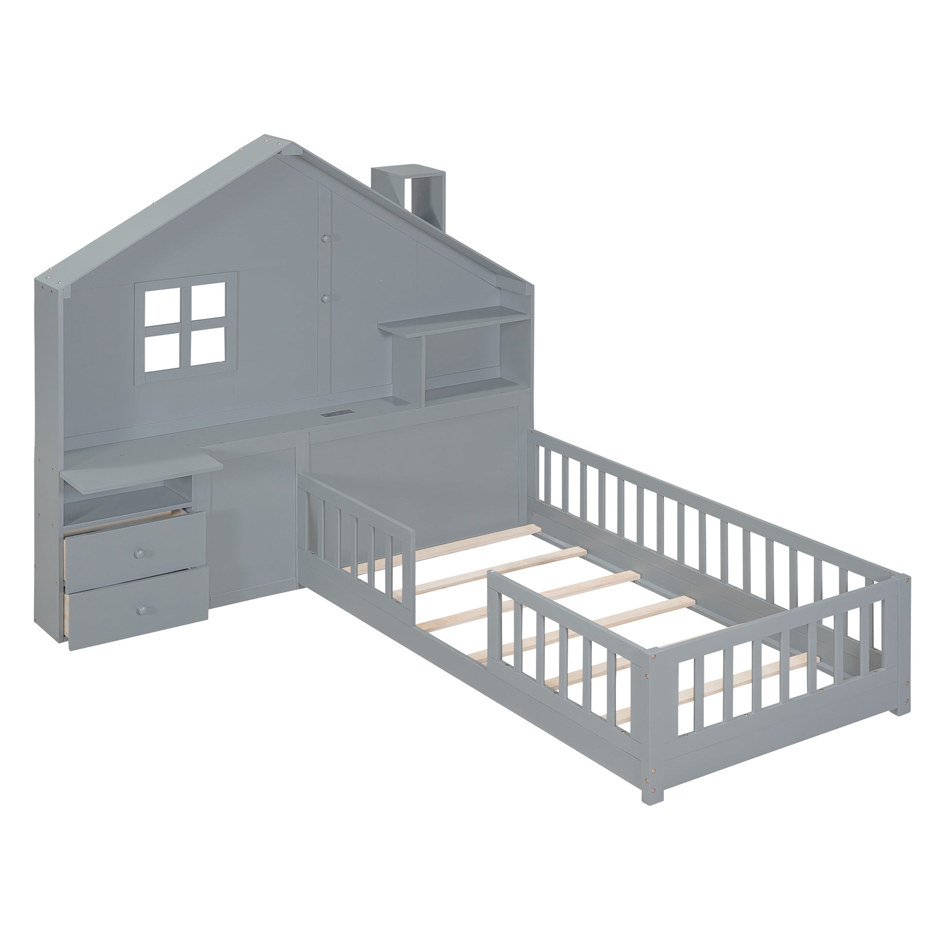 Marigold Twin Size House Bed with Bedside Drawers, Gray