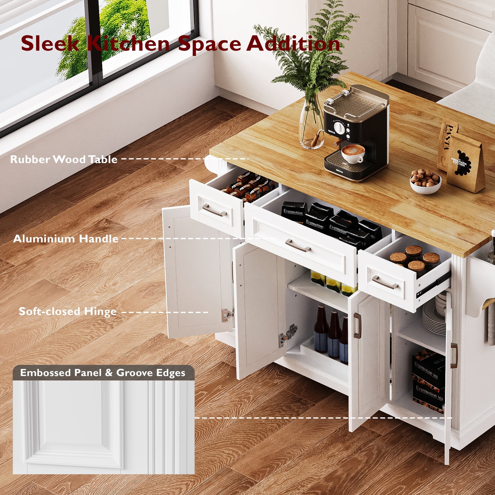 K&k 54" Large Kitchen Island with Rubber Wood Drop Leaf - White - detail view 5