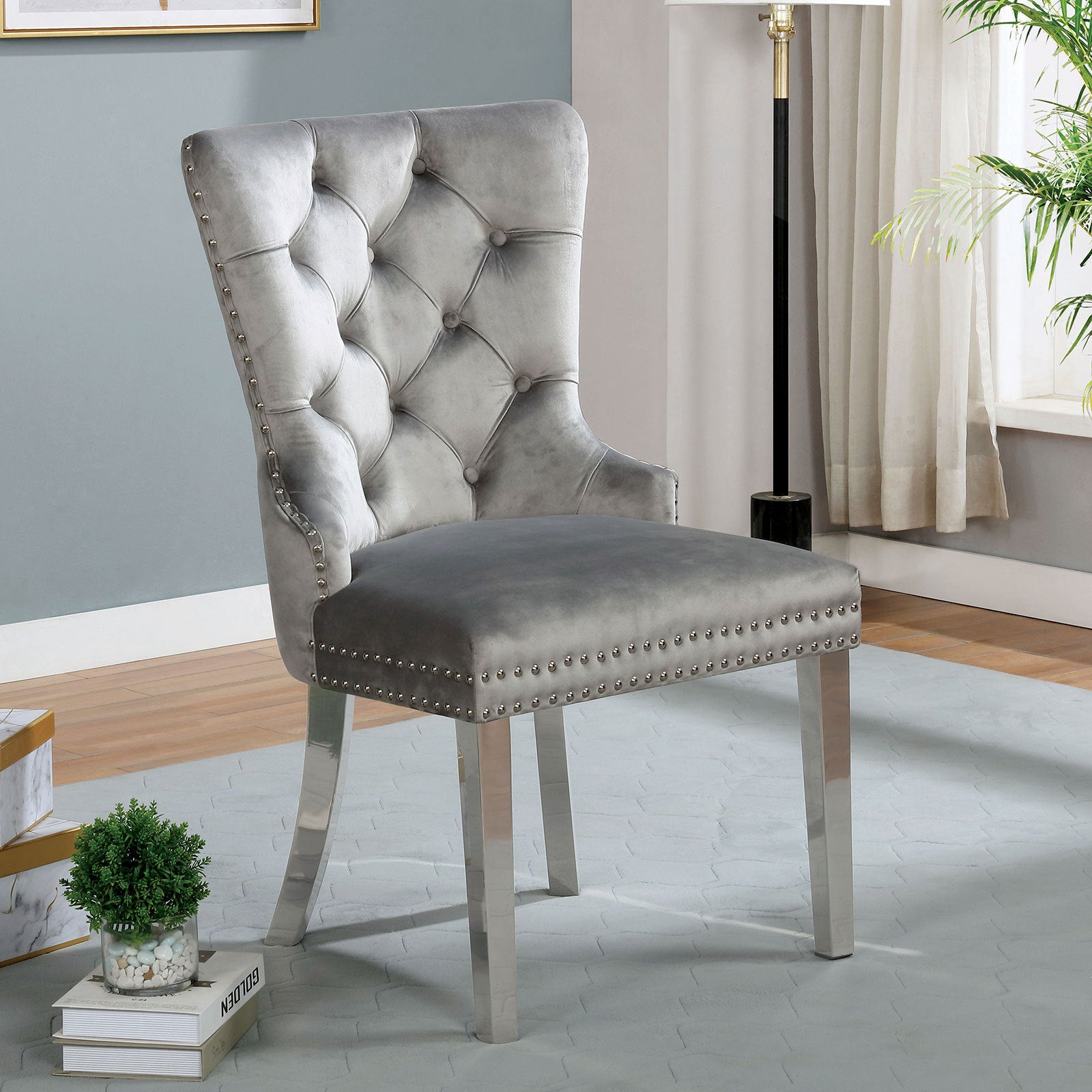 Emma Velvet Wingback Chairs with Mirrored Silver Legs Set of 2 , Gray