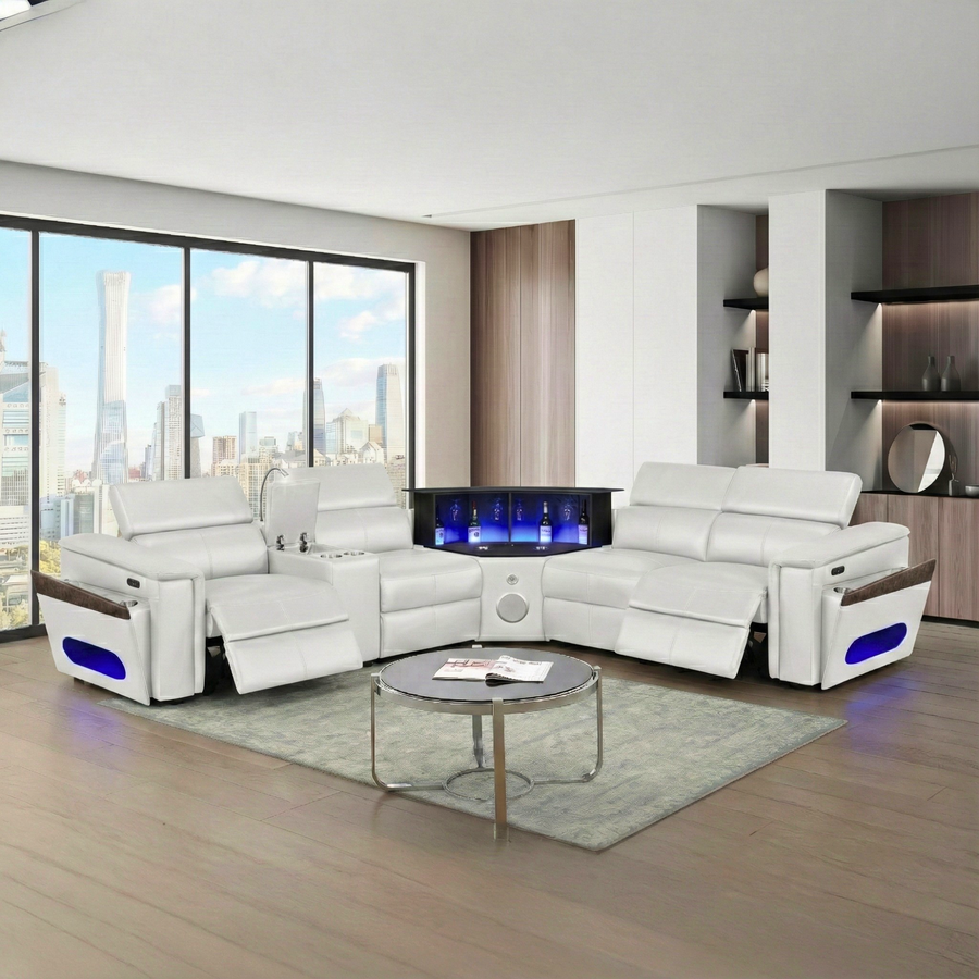 Nova Modern Style Sectional with 1 Console (Reading Light), Wedge with Bluetooth speaker, LED and Lifting wine cabinet - White - detail view 2