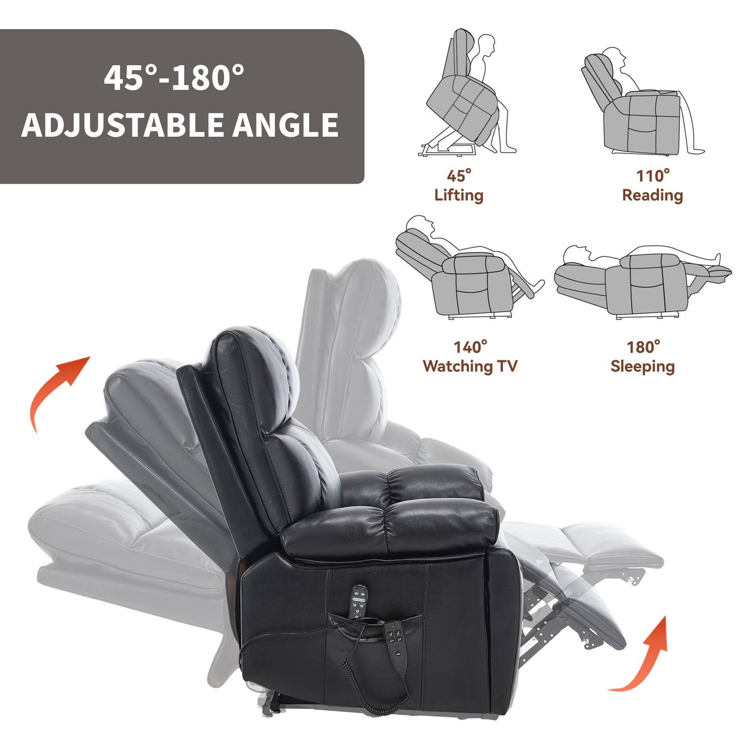 Black Leatheraire Heat Massage Dual Motor Infinite Position Up to 350 LBS Large Electric Power Lift Recliners with Hidden Cup Holders - detail view 5