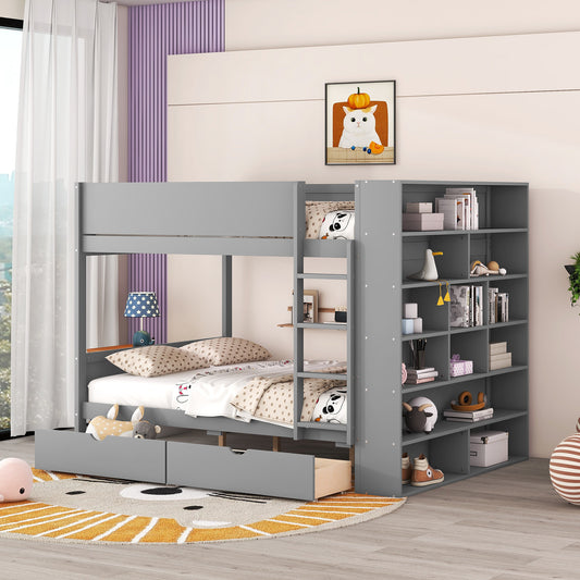 Full over Full Bunk Bed with 2 Drawers and Multi-Layer Cabinet - Gray - primary color shot