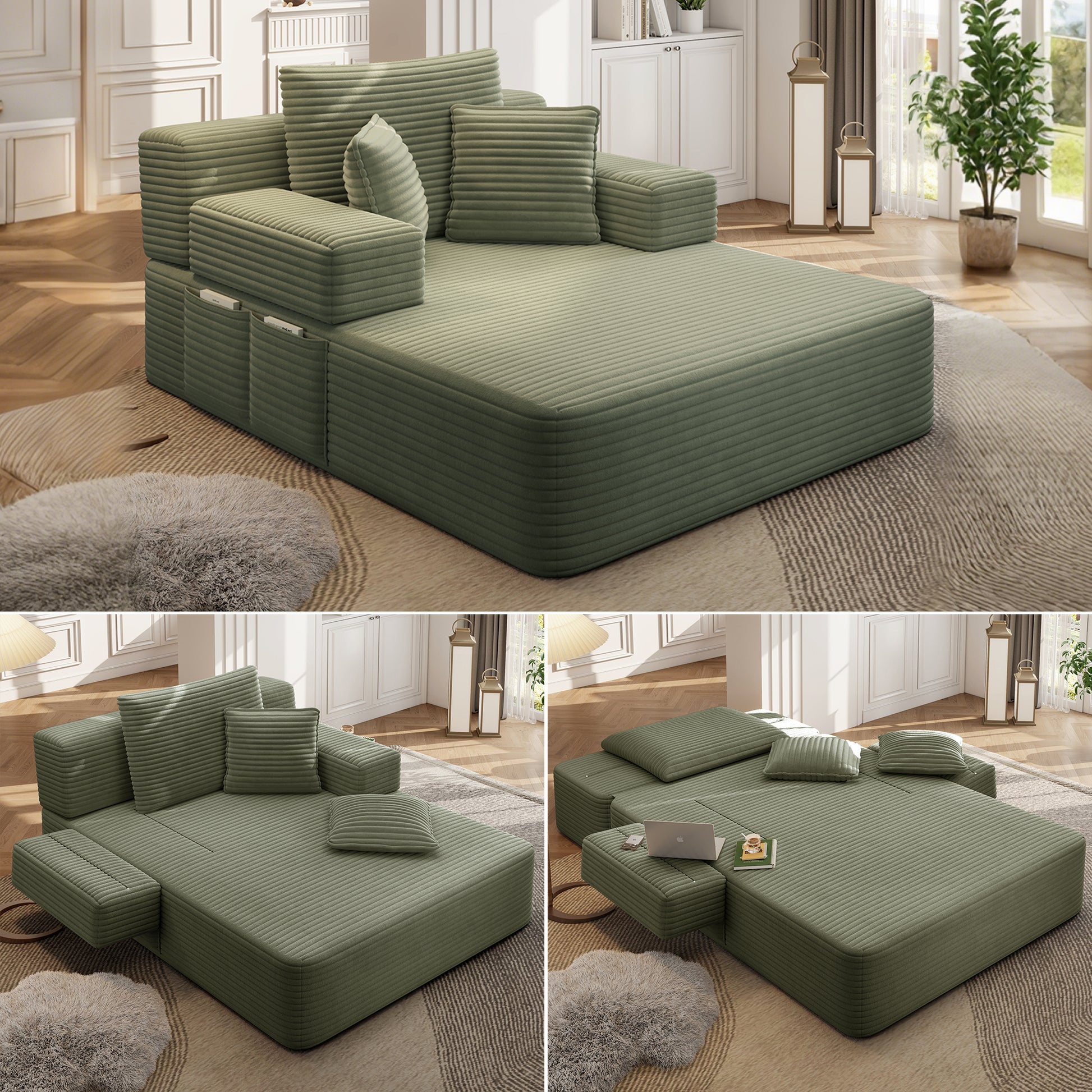 Luxurious Plush Corduroy Chaise Lounge with 3 Pillows - Green - primary color shot