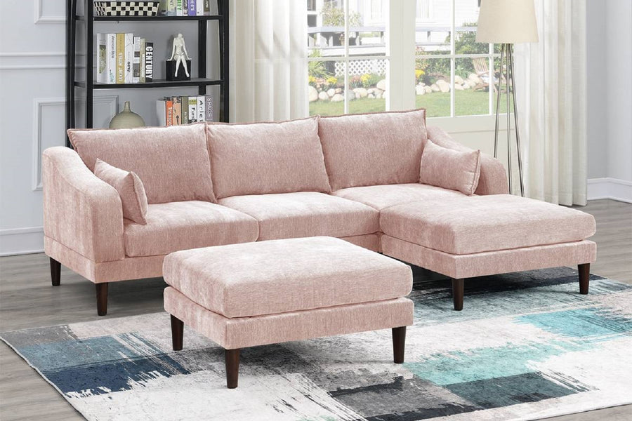 Contemporary 5pcs Modular Sectional Set One Arm Chairs Armless Chair Ottomans L-Shaped Sectional Blush Pink Morgan Fabric - detail view 2