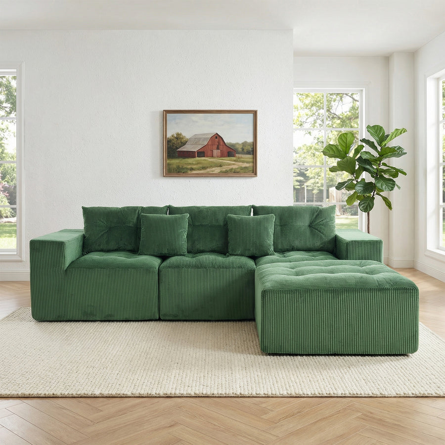 101' L-Shaped Modular Compression Sofa, 3-Seater Comfortable Cloud Sofa, Corduroy Fabric, with Movable Footrest, Free DIY Combination, Suitable for Living Room - primary color shot