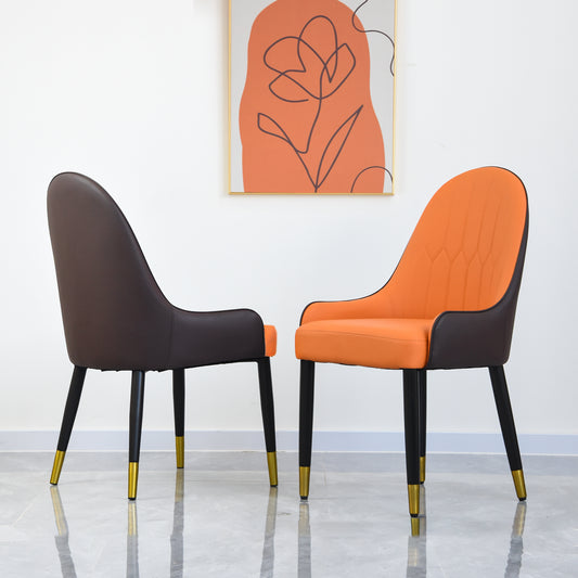 Saskia Modern PU Leather Side Chairs with Gold Tipped Legs Set of 2 Dark Brown & Orange