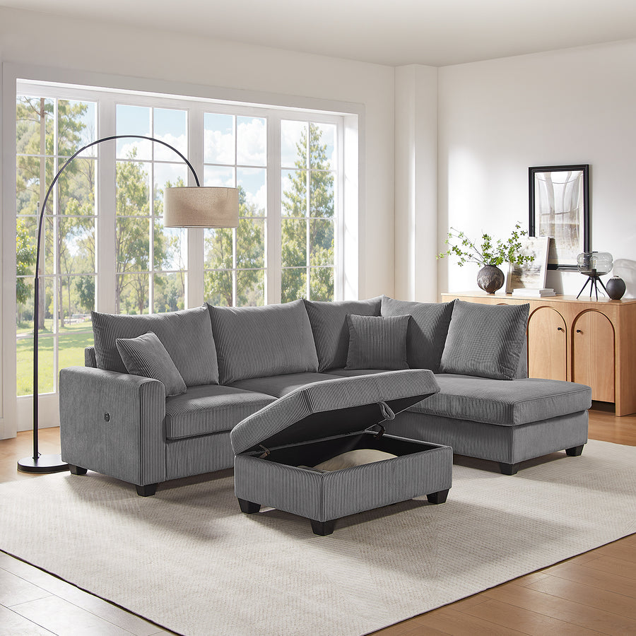 Rowan 107'W Dark Gray Corduroy Fabric Sectional Sofa with Right Facing Chaise, USB & USB-C Charging Port, Storage Ottoman, and Pillows - primary color shot